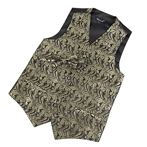Boy's Classic Paisley Bow Tie and Suit Vest Set, 079-Black Gold