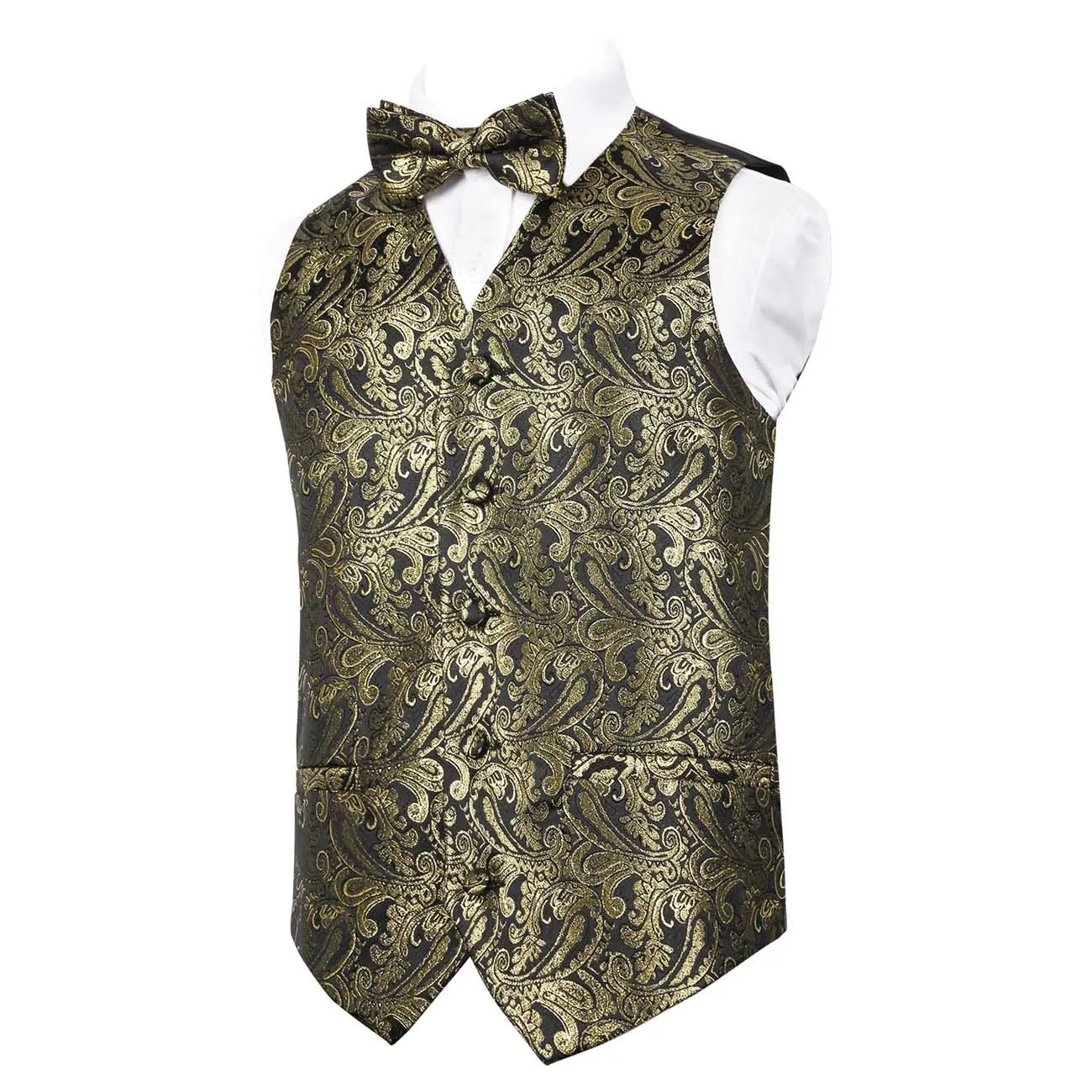 Boy's Classic Paisley Bow Tie and Suit Vest Set, 079-Black Gold