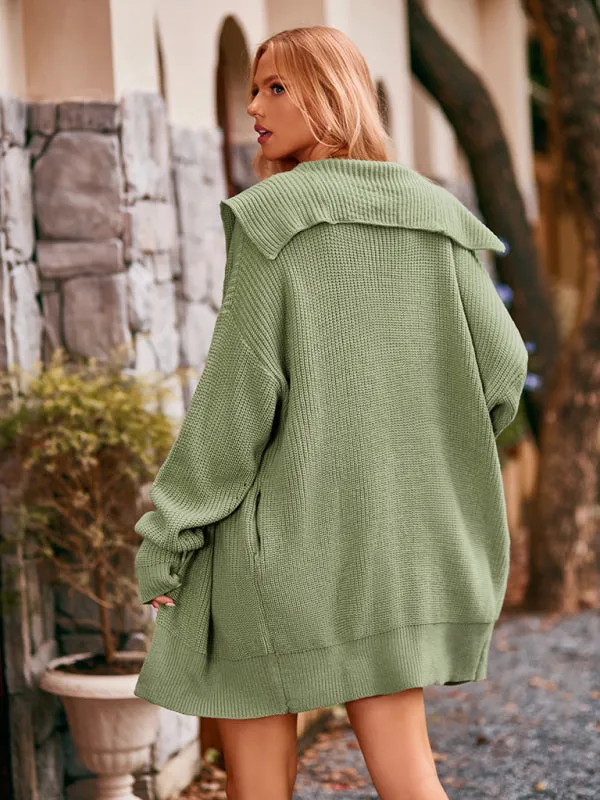 Button-up Solid Color Mid-length Lapel Cardigan Sweater