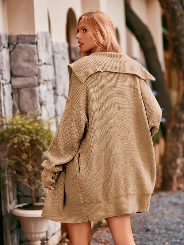 Button-up Solid Color Mid-length Lapel Cardigan Sweater