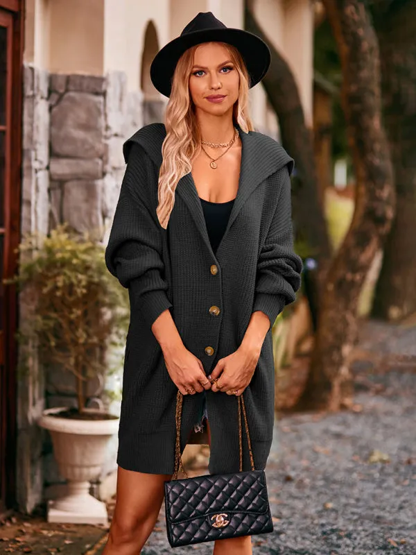 Button-up Solid Color Mid-length Lapel Cardigan Sweater