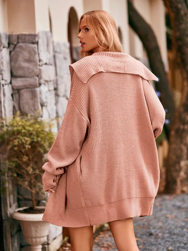 Button-up Solid Color Mid-length Lapel Cardigan Sweater