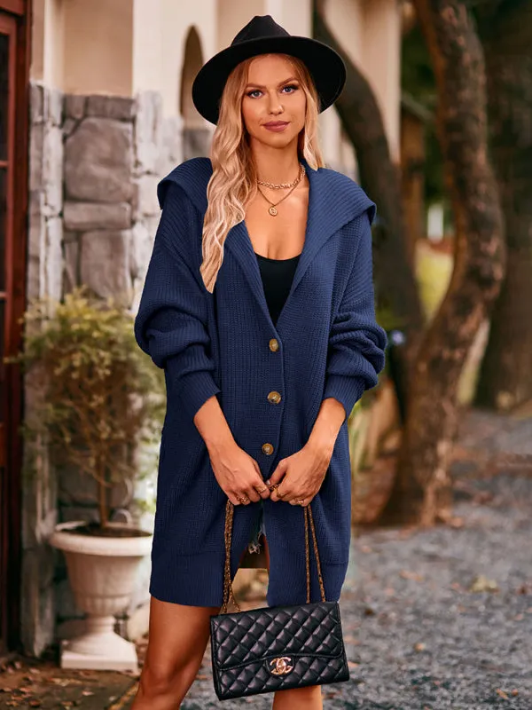 Button-up Solid Color Mid-length Lapel Cardigan Sweater
