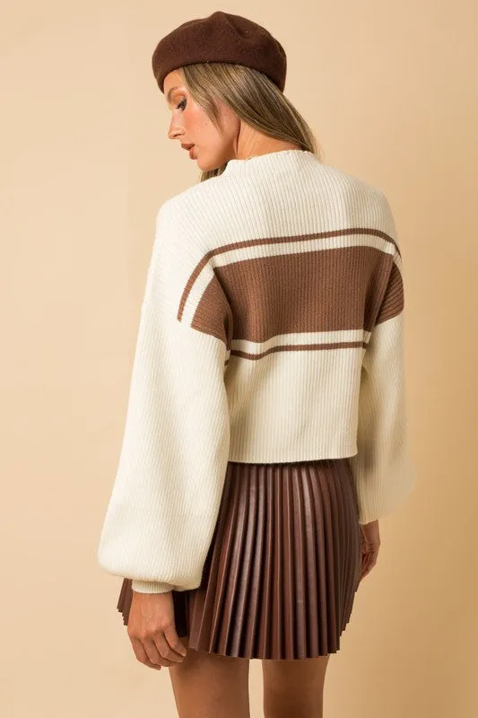 Contrast stripe mock neck sweater