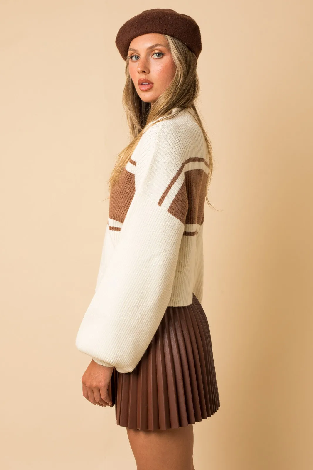 Contrast stripe mock neck sweater