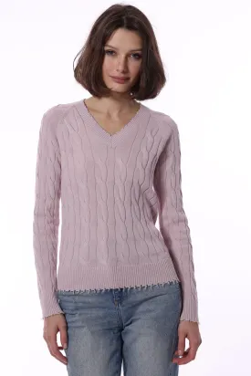 Cotton Cable LS V Neck with Frayed Edges