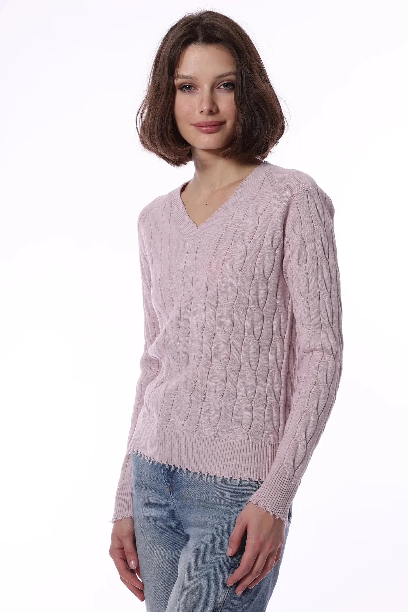 Cotton Cable LS V Neck with Frayed Edges