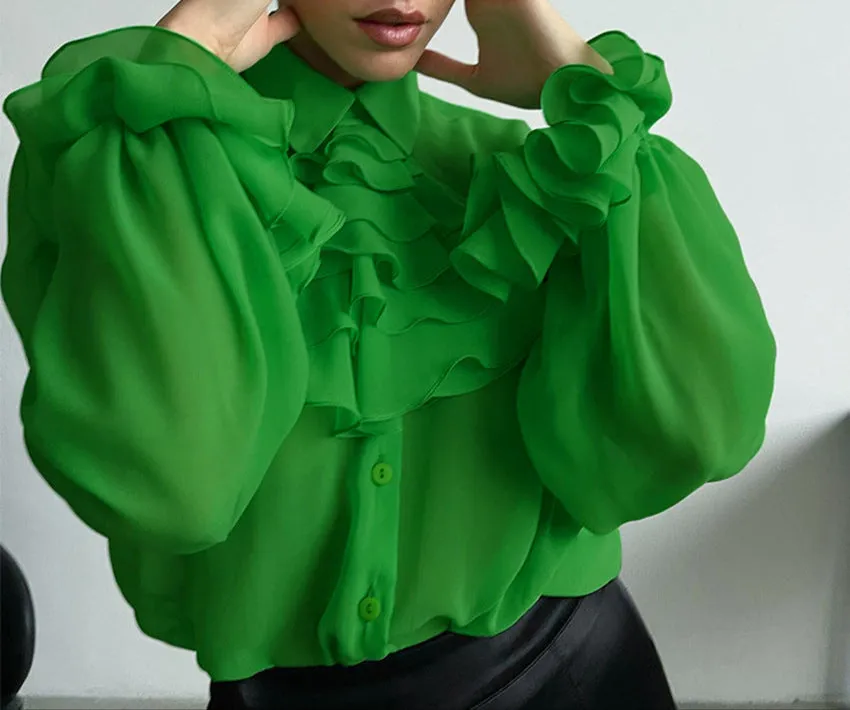 Fashion Chiffon Perspective Ruffle Slim Fit Shirt