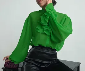 Fashion Chiffon Perspective Ruffle Slim Fit Shirt