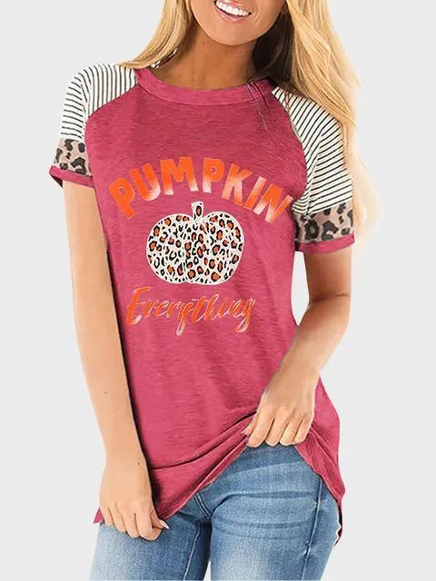 Halloween Stripes Leopard Pumpkin Print T-shirt
