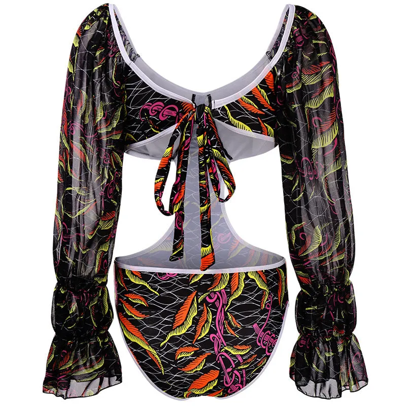 Ladies Long Sleeve Ruffle One-Piece Swimsuit