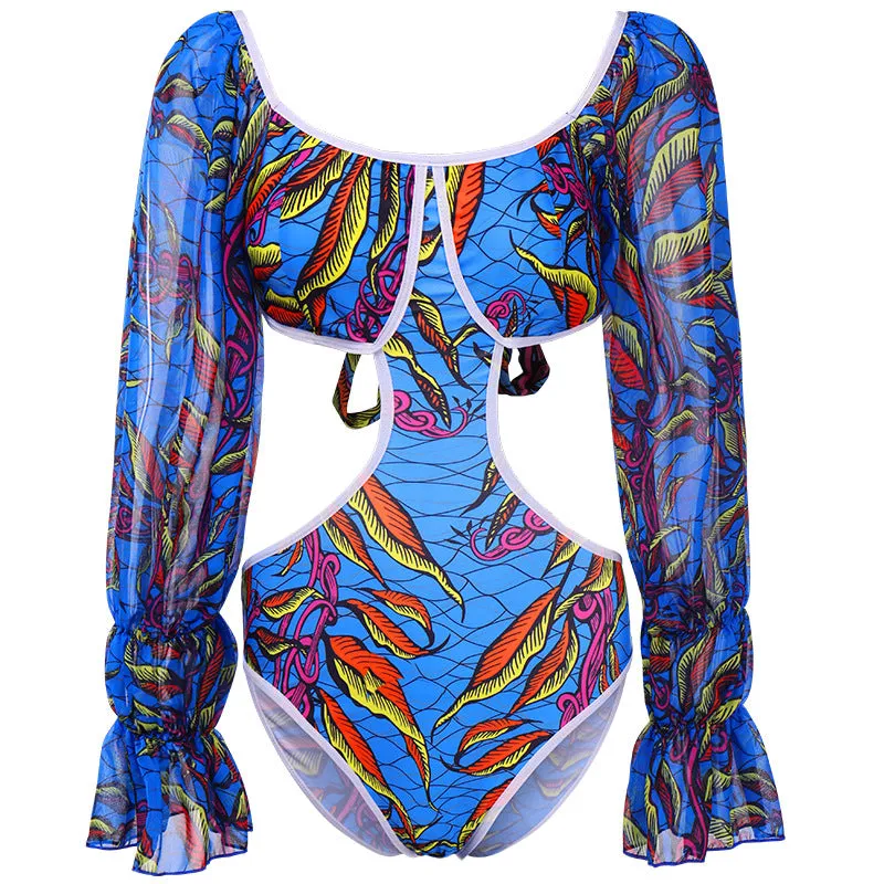 Ladies Long Sleeve Ruffle One-Piece Swimsuit
