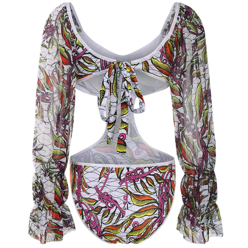 Ladies Long Sleeve Ruffle One-Piece Swimsuit