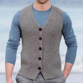 Wiaofellas  -  Men's Luxury Knitted Button Down Sweater Vest Casual Streetwear Solid Color V Neck Sleeveless Loose Stylish Vintage Knitwear