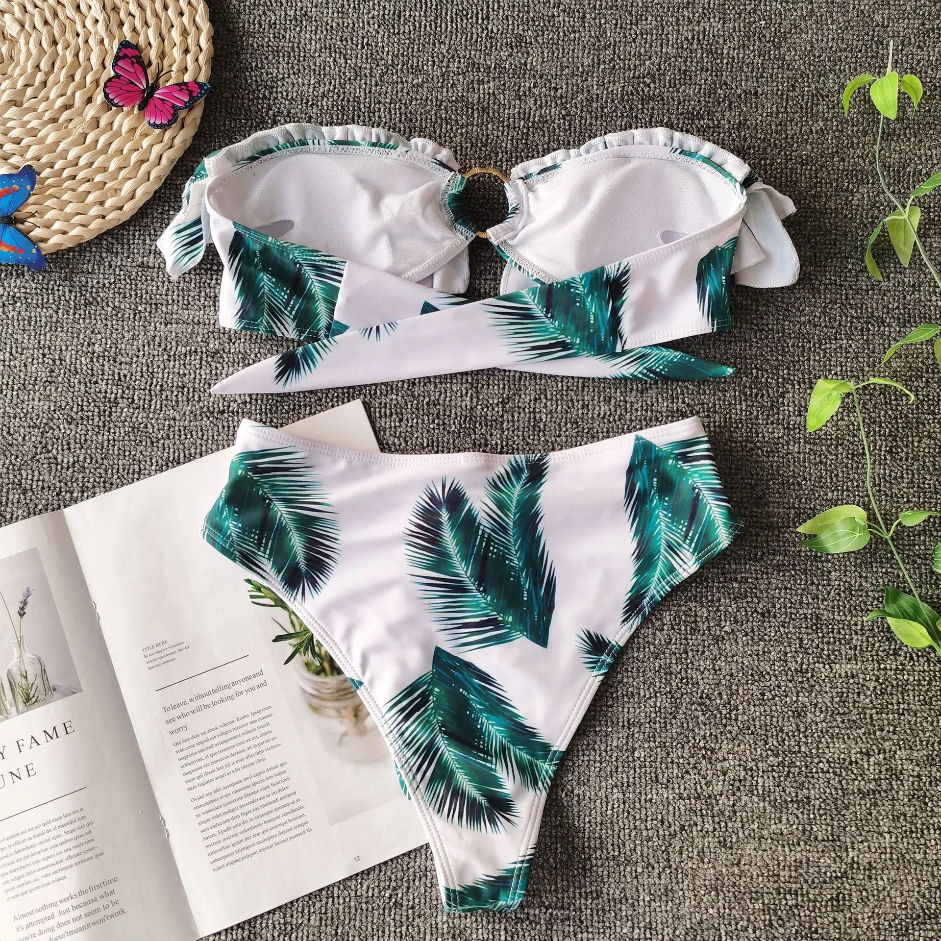 Women Floral Print Ruffle Bandeau High Waist Bow Bikinis Swimsuit