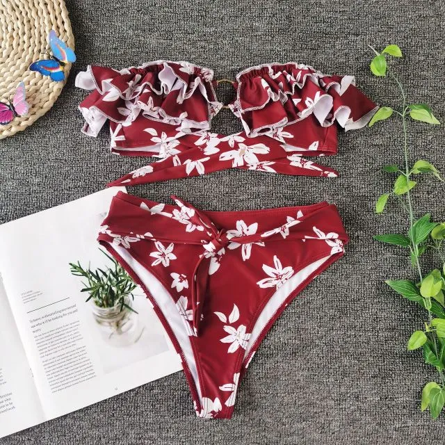 Women Floral Print Ruffle Bandeau High Waist Bow Bikinis Swimsuit