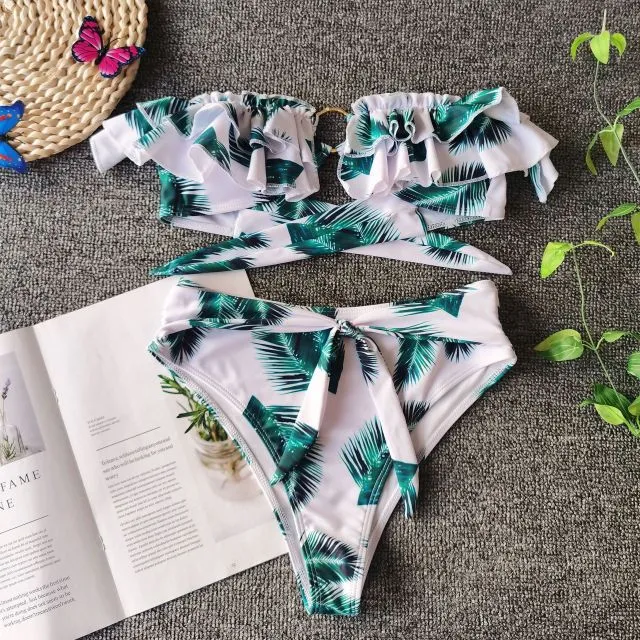 Women Floral Print Ruffle Bandeau High Waist Bow Bikinis Swimsuit