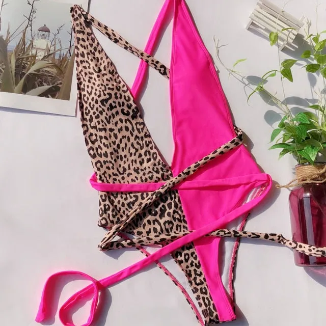 Women Sexy Leopard Print One Piece Swimsuit